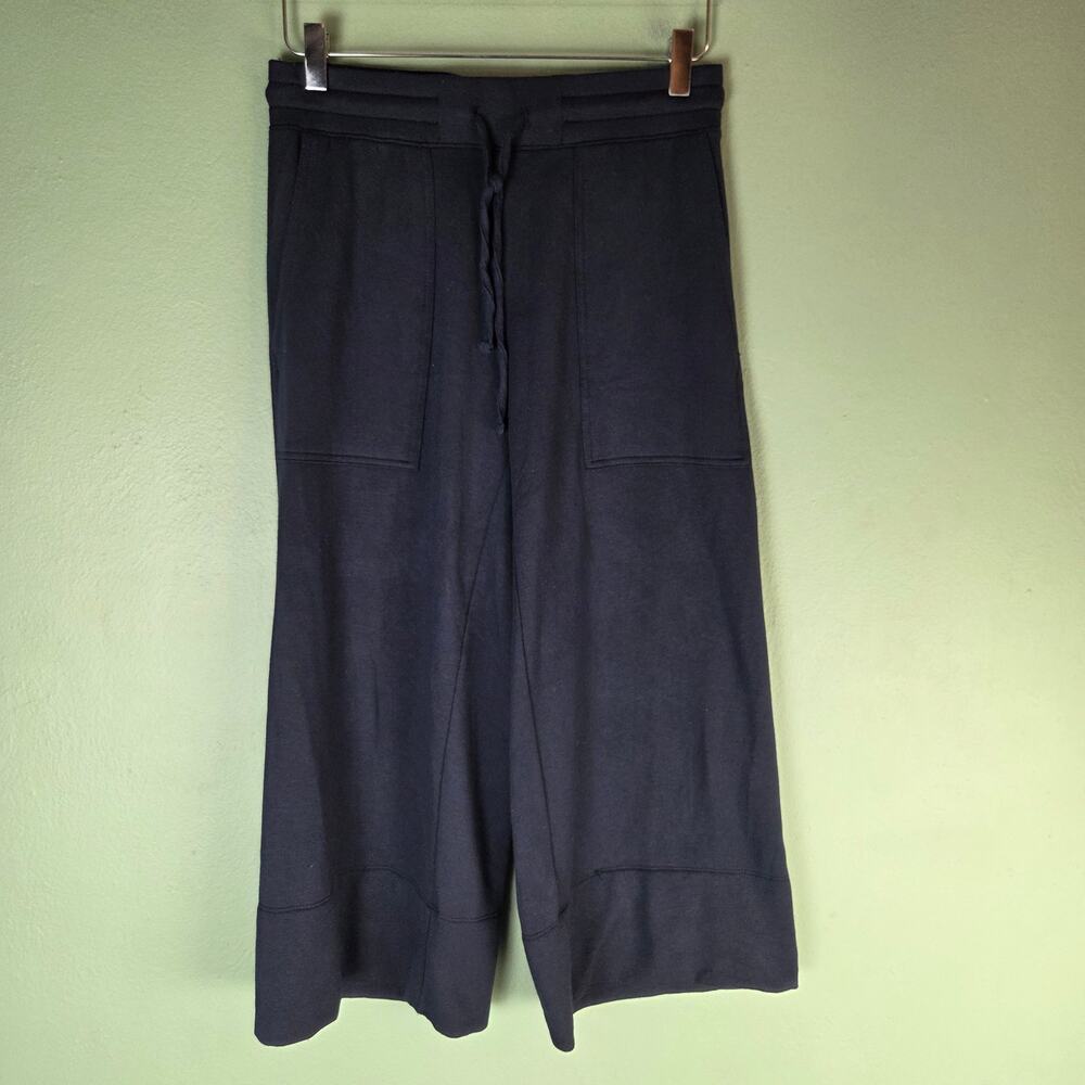 Quince Womens Small SuperSoft Fleece Cropped Wide Leg Pants Navy Blue Loungewear